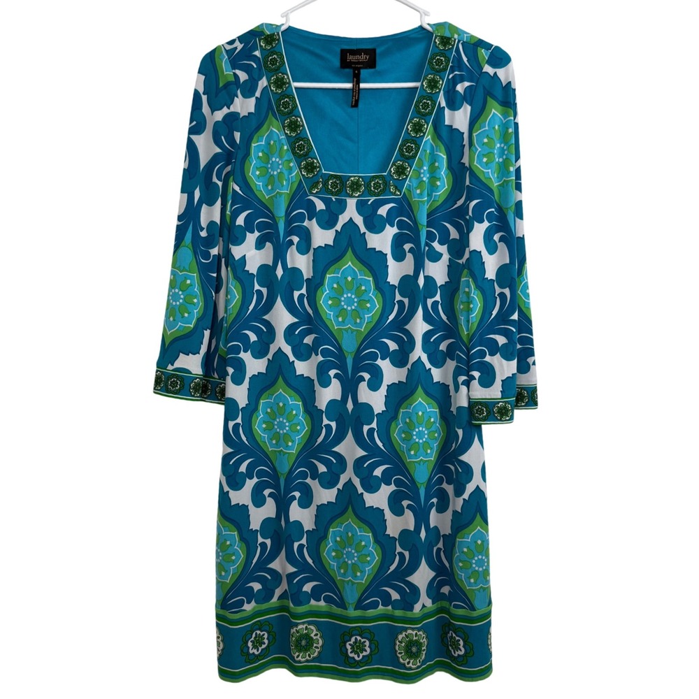 Laundry by Shelli‎ Segal 3/4 Sleeve Tunic Dress Boho Floral Blue Green Size 6
